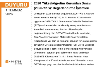 ÖSYM'den YKS açıklaması... Bir sorunun cevabı değişti, bir soru iptal edildi!